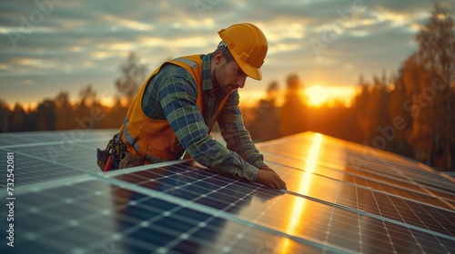 construction worker working on roof with solar panels, sunlights