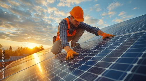 construction worker working on roof with solar panels, sunlights photo
