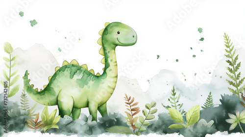 Cute Baby Dinosaur watercolor illustration style. Baby animals for nursery  baby shower  banners and birthday poster decoration. Copy space for text. Generative AI