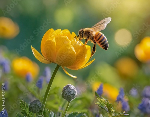 Globeflower in the garden with a bee photo