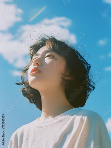 Dreamy shot of a woman in the blue sky, Generative AI