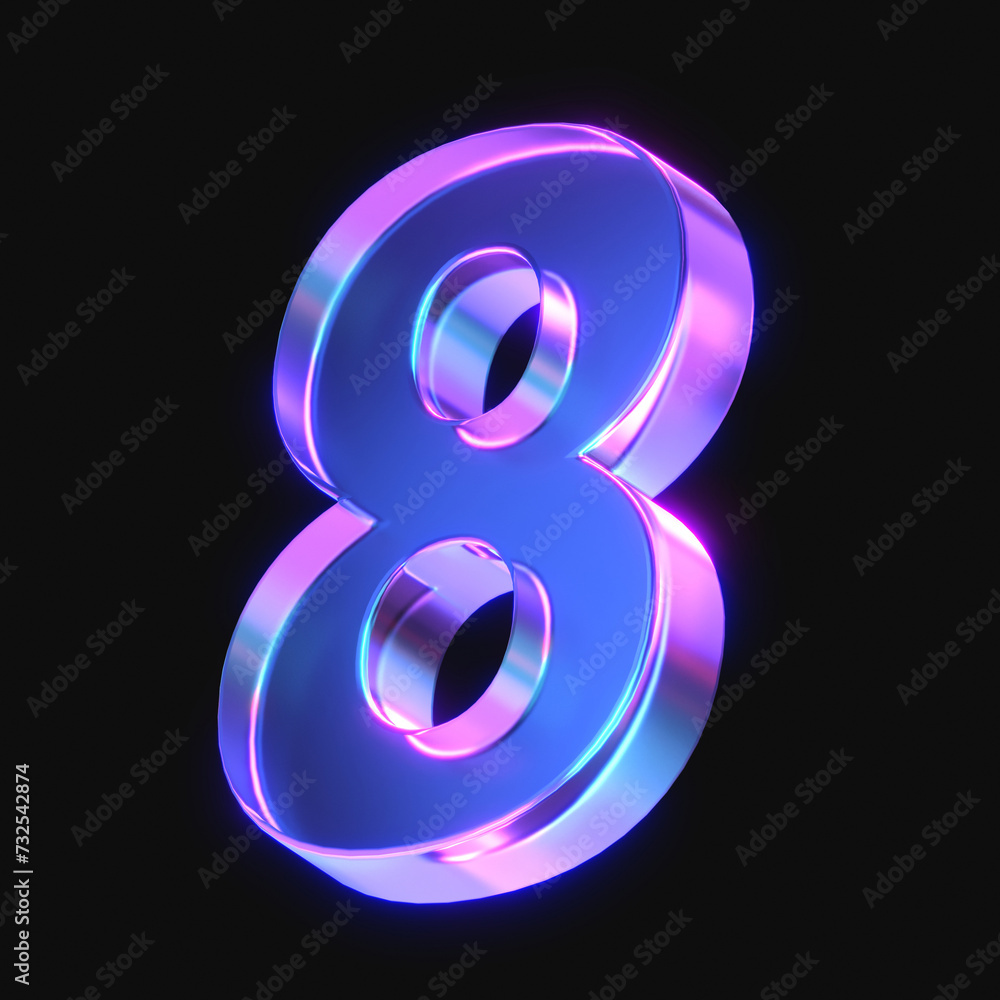 3d rendering of glowing number 8 in the dark. number eight sign with neon retro light. 3d illustration with glass gradient material 3d rendering of glowing number 8 in the dark. number eight sign with neon retro light. 3d illustration with glass gradient material