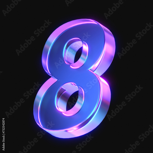 3d rendering of glowing number 8 in the dark. number eight sign with neon retro light. 3d illustration with glass gradient material