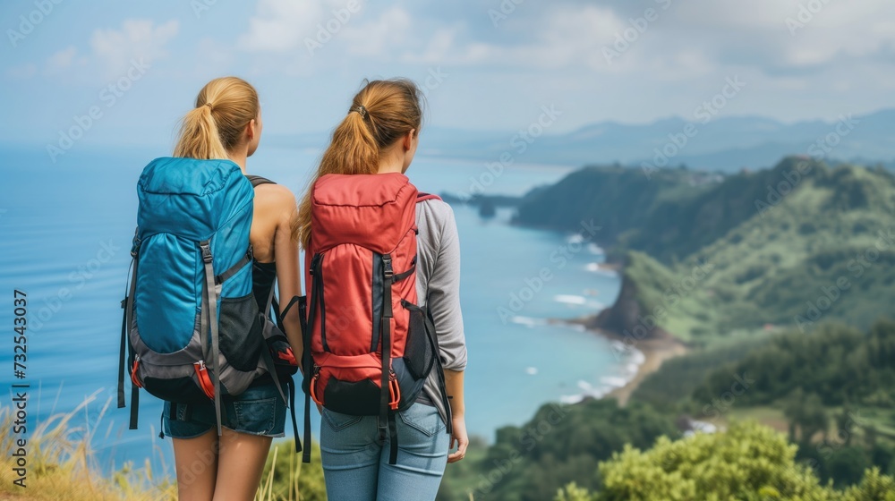 Two backpackers marveling at the stunning ocean view from a scenic mountaintop.