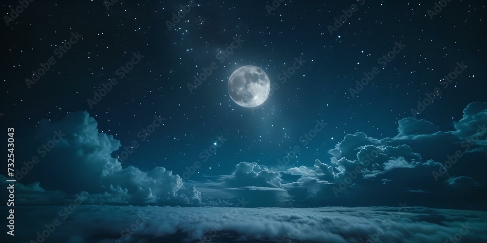 Serenity under the night sky: full moon, glistening stars and soft clouds. perfect for backgrounds and themes. serene and tranquil imagery. AI