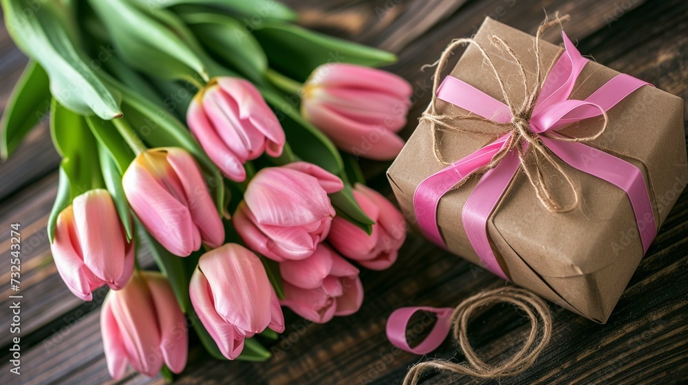 Bouquet of tulips with gift.