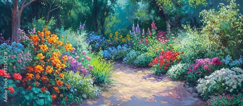 A beautiful artwork depicting a meadow with a path adorned by colorful flowers and lush trees  displaying the serene beauty of a natural landscape.
