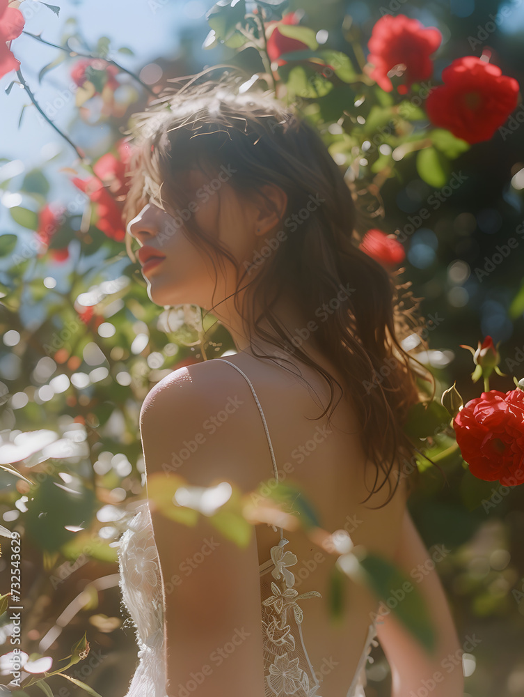 Dreamy shot of a woman in a white dress with a red rose tree in the background,Generative AI Dreamy shot of a woman in a white dress with a red rose tree in the background,Generative AI