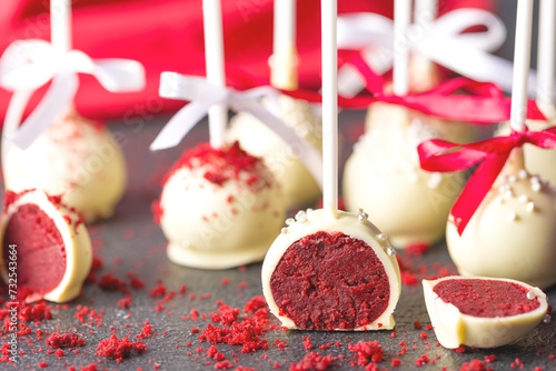 Cake pops. Sweets for Valentine's Day. Round candies with red velvet