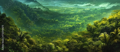 A stunning painting capturing the beauty of a lush green forest with majestic mountains in the backdrop  portraying a natural landscape.