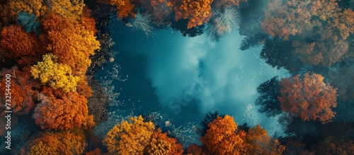 An aerial view of a natural landscape with changing autumn colors on trees resembling underwater coral, creating an atmospheric phenomenon in the electric blue cloud-filled sky. © AkuAku