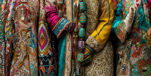 colorful scarves for sale, the intricate details of traditional clothing from different cultures in a visually captivating collage © Your_Demon