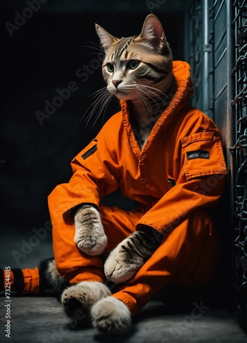 cat in jail with orange jacket 