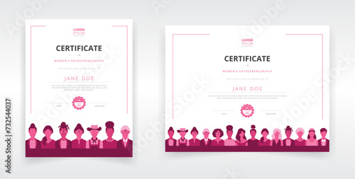 Modern certificate templates featuring female entrepreneurs, executives and employees. Ideal for entrepreneurship and leadership training programs or any other award function relevant to women