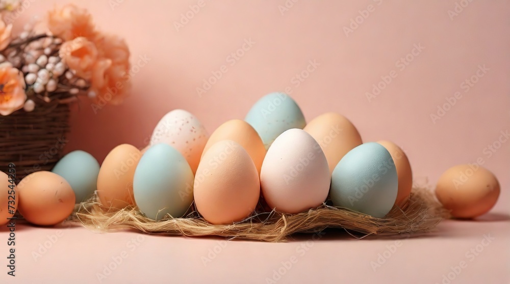 Easter colored eggs on a background of peach down, natural colored colored eggs, The composition 