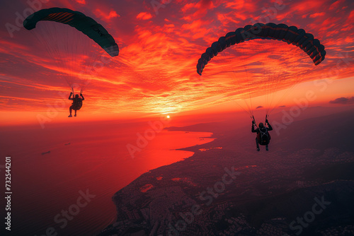Skydivers silhouetted against a stunning sunset create a dramatic and colorful backdrop.