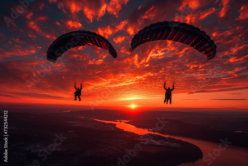 Skydivers silhouetted against a stunning sunset create a dramatic and colorful backdrop. photo