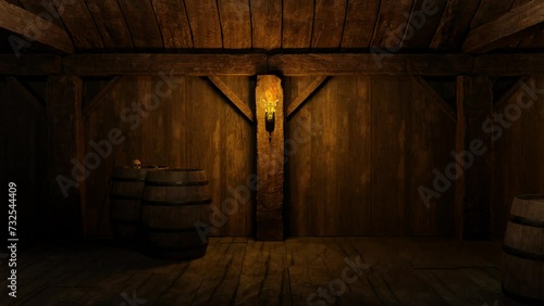 There is a torch burning inside the tavern, next to it there is a barrel, and on it lies a skull. 3D animation.
