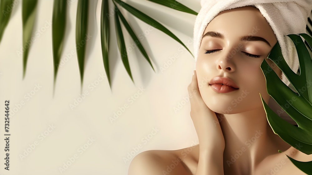 Serene beauty in spa: woman with towel on head and healthy skin. perfect for wellness ads. calm and elegant style. AI Serene beauty in spa: woman with towel on head and healthy skin. perfect for wellness ads. calm and elegant style. AI