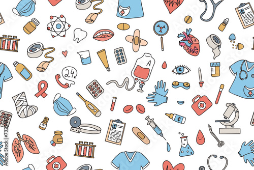 Seamless pattern of medical products, medicines, clothes, first aid kit in doodle style. Vector illustration