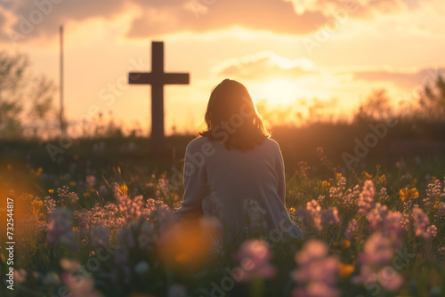 back view of woman sitting on the flowers meadow and looking on cross. Easter tranquil scene