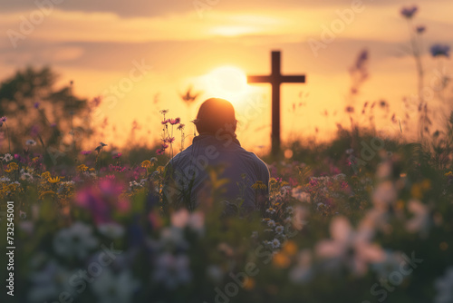 back view of man sitting on the flowers meadow and looking on cross. Easter tranquil scene