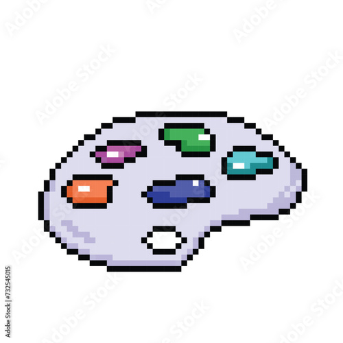 Artist palette with colorful paints on top. Pixel bit retro game styled vector illustration drawing. Simple flat cartoon drawing isolated on white background.
