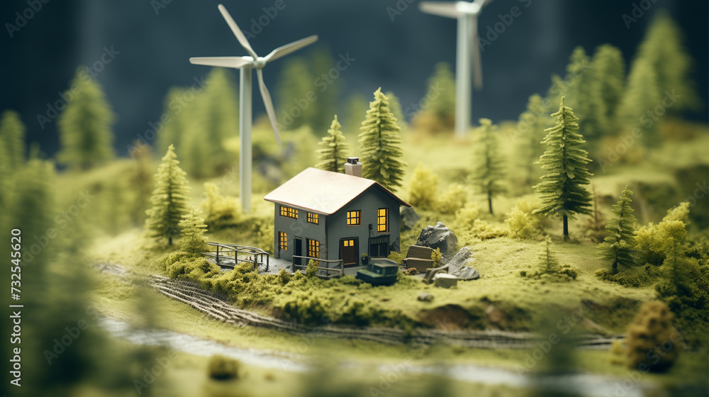 Miniature diorama featuring a wind turbine, solar energy concept, and ...