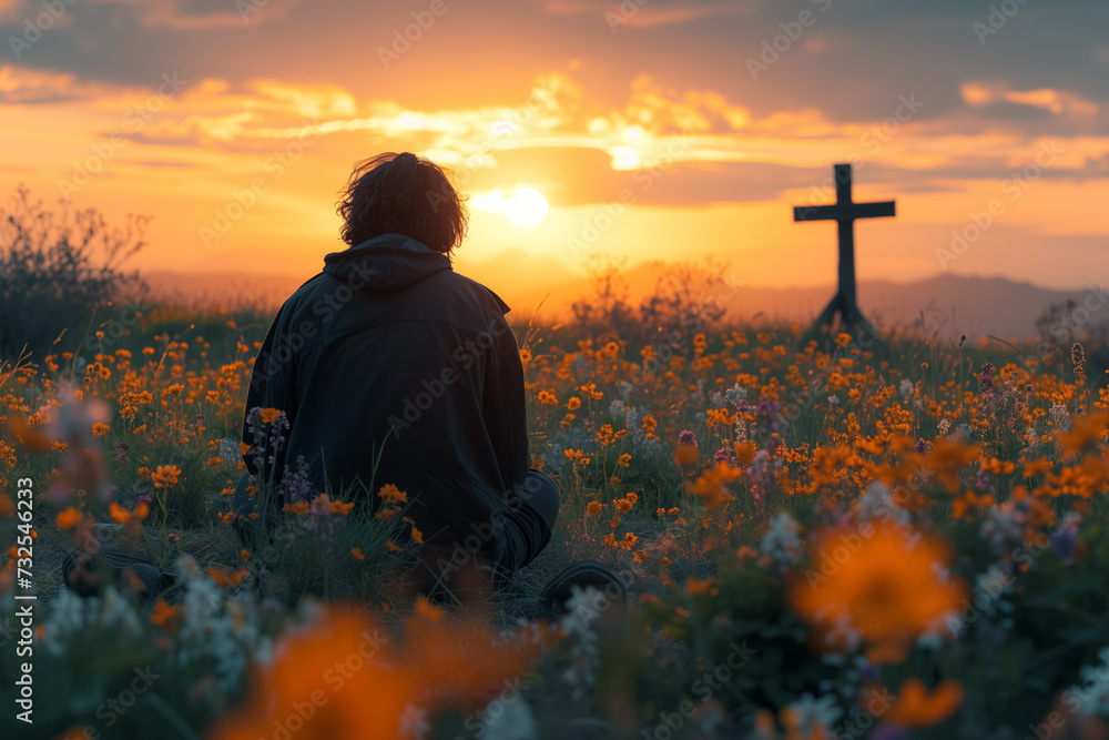 back view of man sitting on the flowers meadow and looking on cross. Easter tranquil scene