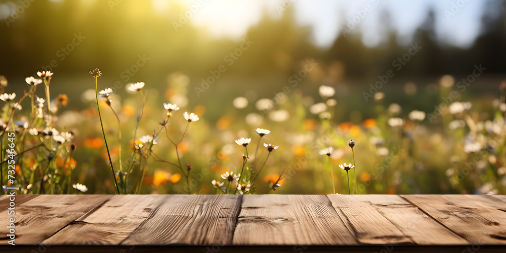 Empty wooden table top with summer meadow blurred background