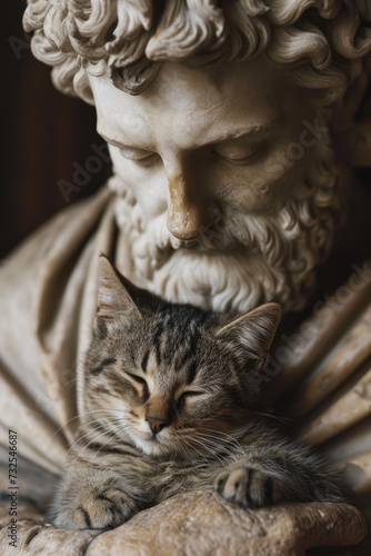 Ancient marble statue holding a sleeping kitten. Being cared of. Feeling safe and secure.