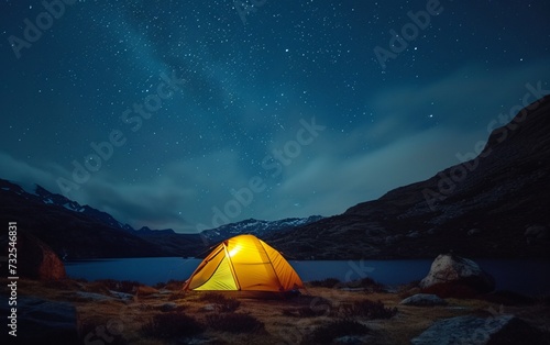 a tent lit up at night