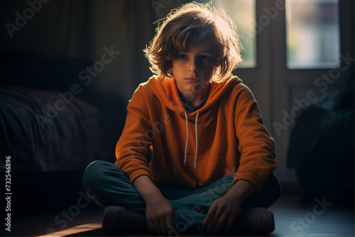 Captivating image of a child with autism, immersed in brooding solitude amidst warm orange and cool indigo hues.