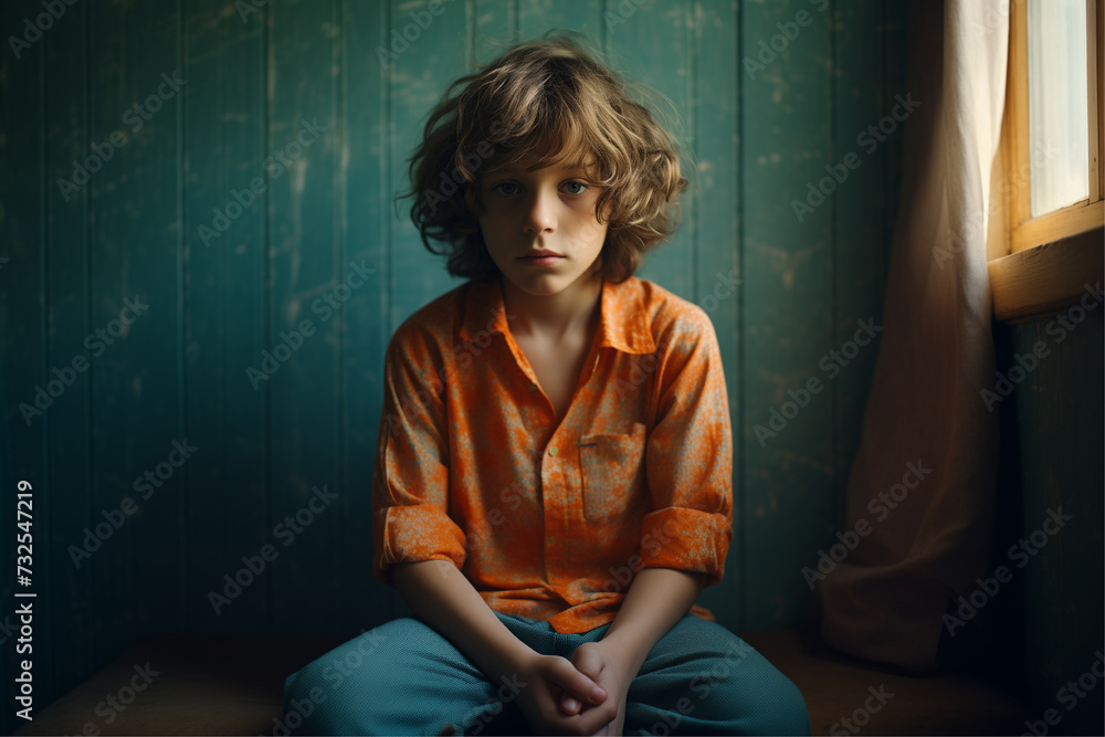 Captivating image of a child with autism, immersed in brooding solitude amidst warm orange and cool indigo hues. - obrazy, fototapety, plakaty 