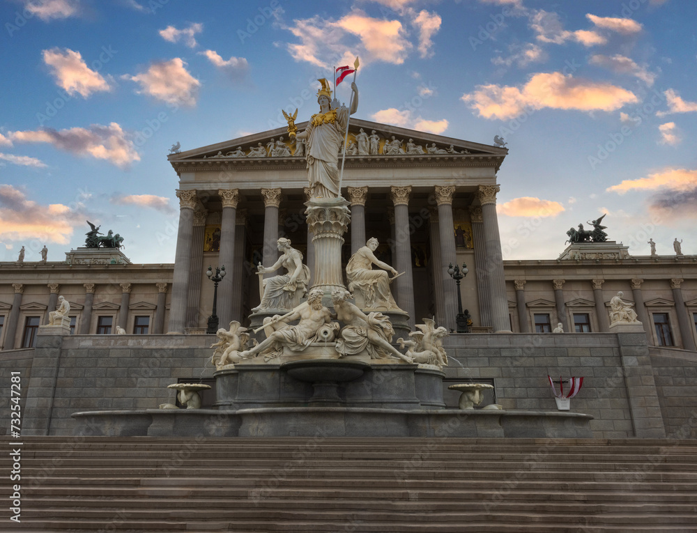 Obraz premium Sunset with view of the Parlament in Wien, Austria.