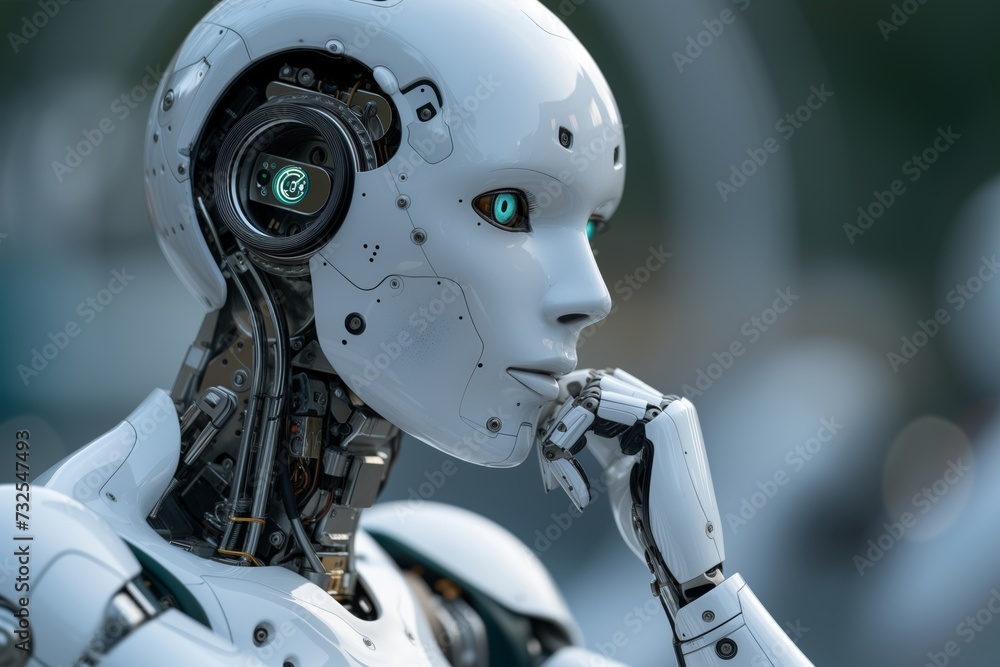 Thoughtful android with human-like face portrays contemplation in AI..Humanoid robot with introspective gaze, signifies deep learning and AI sophistication. Thoughtful android with human-like face portrays contemplation in AI..Humanoid robot with introspective gaze, signifies deep learning and AI sophistication.