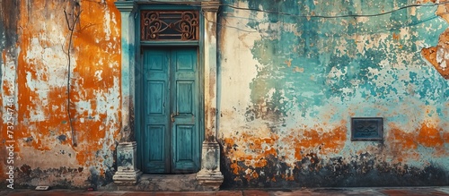 A historic building featuring an electric blue door, peeling paint, and charming visual arts on its facade.