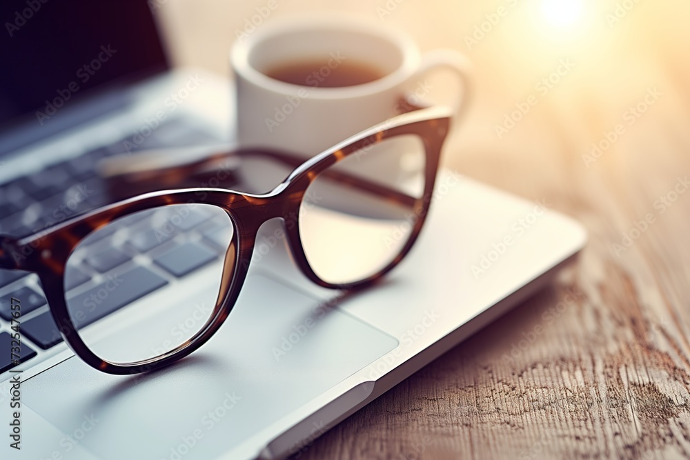 Close-up of spectacles on a laptop with a cup of coffee, suggesting a work break or a moment of relaxation. Focused shot on eyewear resting on computer, with warm coffee nearby Close-up of spectacles on a laptop with a cup of coffee, suggesting a work break or a moment of relaxation. Focused shot on eyewear resting on computer, with warm coffee nearby