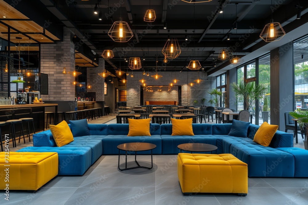 Modern lounge with blue sofas and yellow cushions, lighting adds ambiance to the stylish space. Chic interior showcases vibrant blue seating and ambient lighting, offering a welcoming atmosphere.