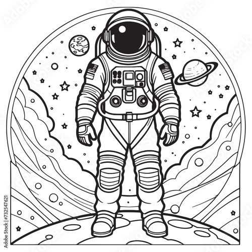 astronaut outline coloring page illustration for children and adult © Shapla