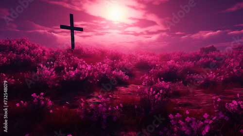 Vibrant cross amidst purple flowers, bathed in sunlight, animated with vivid hues.