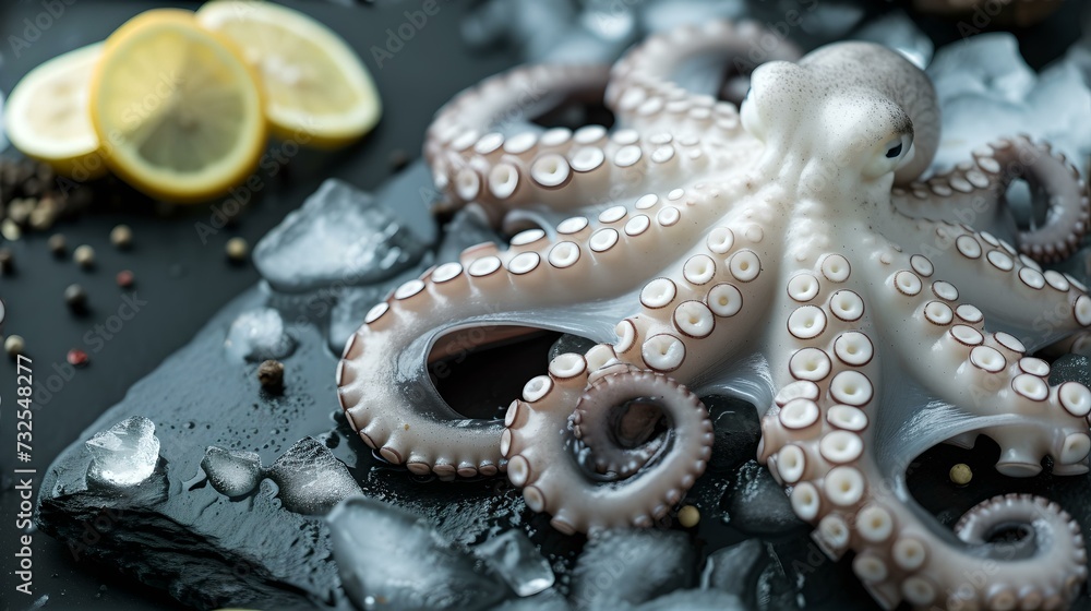Fresh octopus on a dark slate surface with ice and lemon slices. seafood preparation concept. ideal for culinary themes. AI Fresh octopus on a dark slate surface with ice and lemon slices. seafood preparation concept. ideal for culinary themes. AI