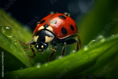 Macro image of the ladybug sitting on the fresh green leaf, surrounded by glistening droplets of dew.