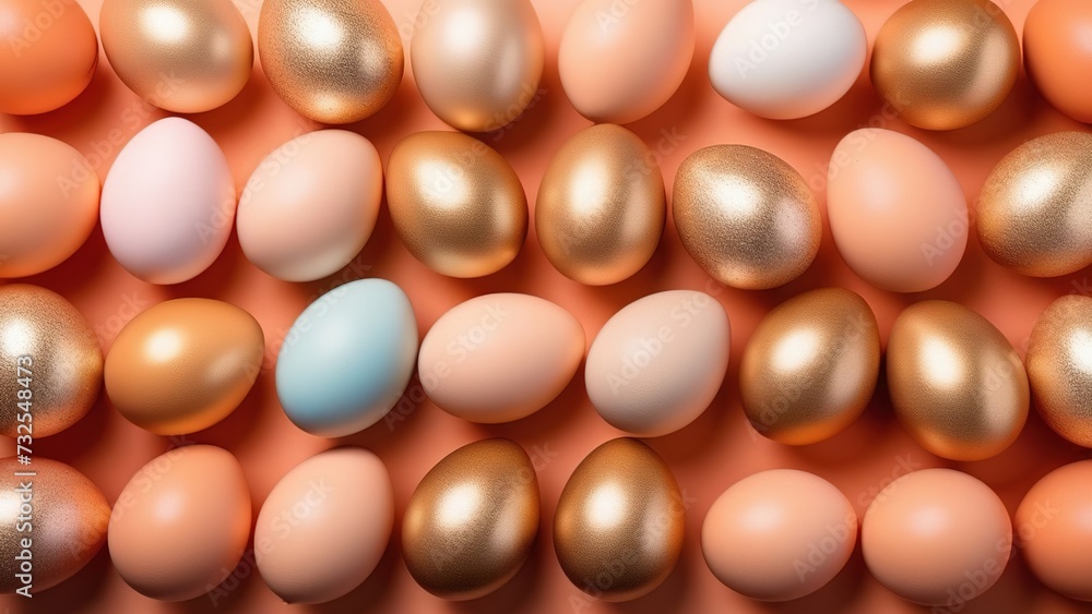Easter eggs painted in pastel peach and gold tones on a pastel peach background, top view, happy Easter concept Easter eggs painted in pastel peach and gold tones on a pastel peach background, top view, happy Easter concept