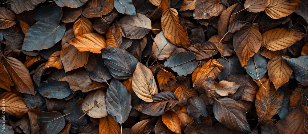 A patterned collection of brown and blue leaves made of natural materials, resembling a pile on the ground. A patterned collection of brown and blue leaves made of natural materials, resembling a pile on the ground.