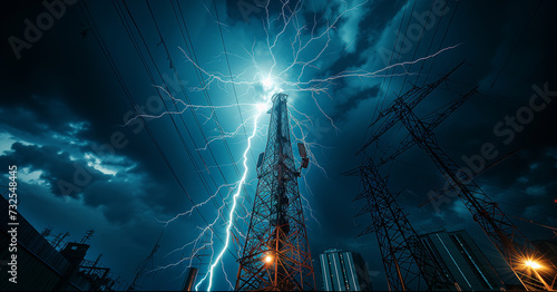 Gigantic tower antenna towering above a modern industrial city, is hit by the blue lightning in the night storm. Electricity sparks shatter and run down the lightning rod to the ground. Low wide angle