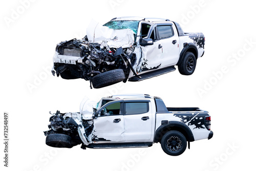 Car crash, Front and Side view of white pickup car get hard damaged by accident on the road. damaged cars after collision. isolated on transparent background, PNG File