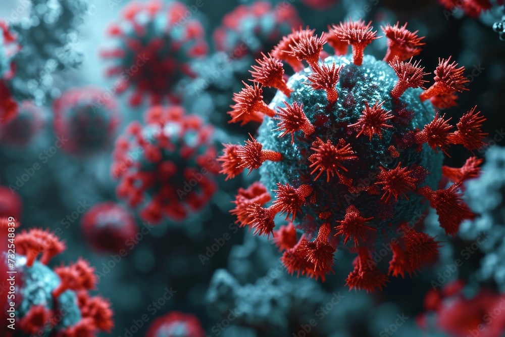 Microscope close-up of the coronavirus covid-19 disease. Virus preading in body cell. Rendering of the bacteria on a microscopic level. Microscope close-up of the coronavirus covid-19 disease. Virus preading in body cell. Rendering of the bacteria on a microscopic level.