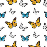 Seamless pattern of butterflies. The butterfly monarch. Buttrerflies on white background. Blue butterfly. Vector graphic seamless pattern.