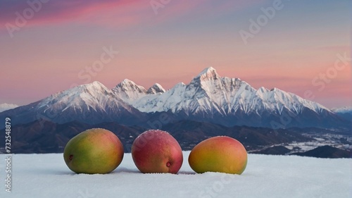 mangoes on a snow  landscape with mountains and beautiful  background sky view. © Naila
